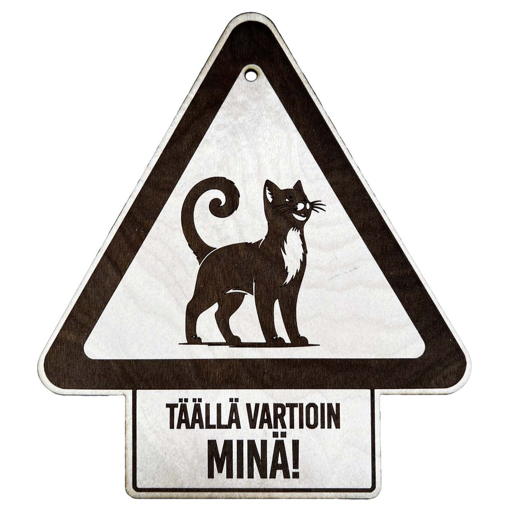Varoituskyltti kissan kuvalla